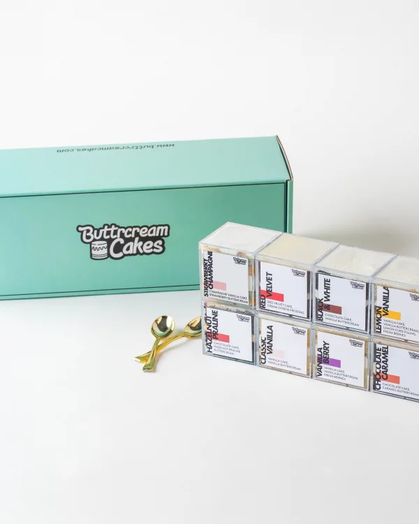 Eight Buttrcream Cakes tasting flavors packaged for shipping